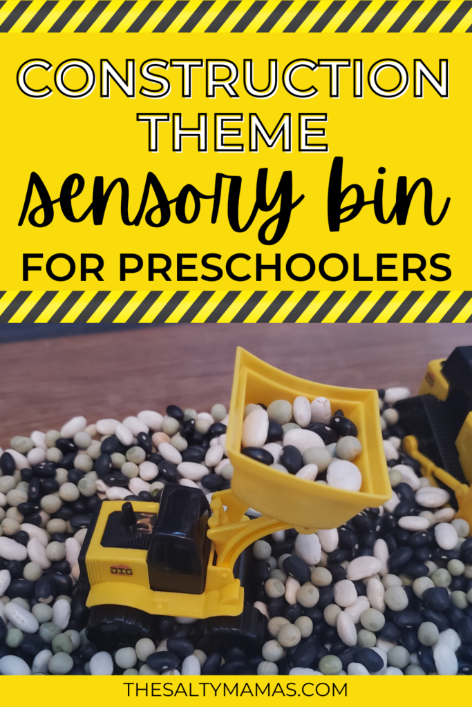 mini construction toys in dried beans; text overlay: construction themed sensory bin