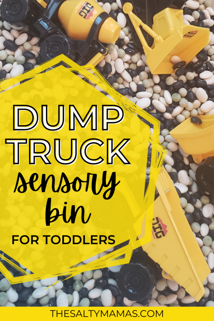 trucks in a bean-filled bin; text overlay: dump truck sensory bin