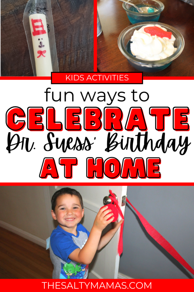 dr. seuss theme activities; text: celebrate dr. seuss birthday at home