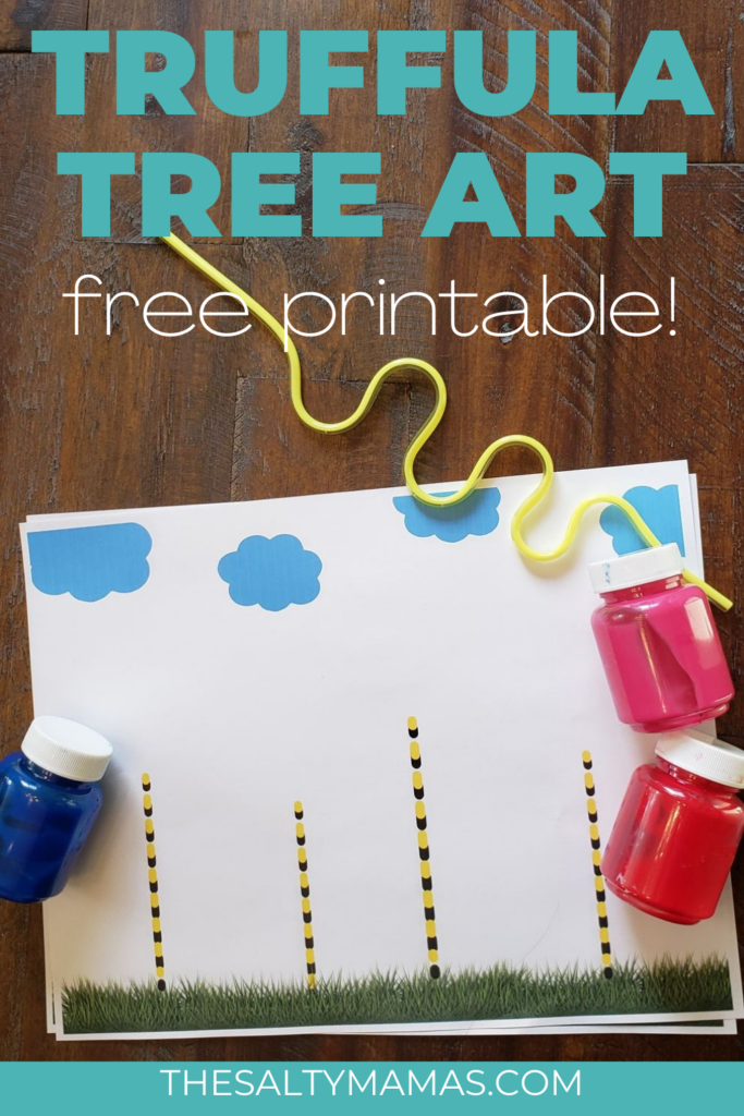 picture of truffula tree printable; text overlay: truffula tree art; free printable