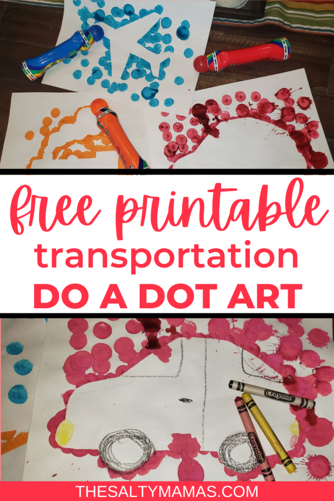 kids' transportation art; text: free printable transportation do a dot art