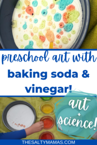 baking soda art; text: preschool art with baking soda and vinegar