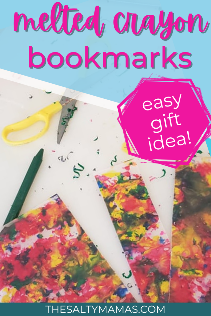 bookmarks made from melted crayon shavings; text: melted crayon bookmarks
