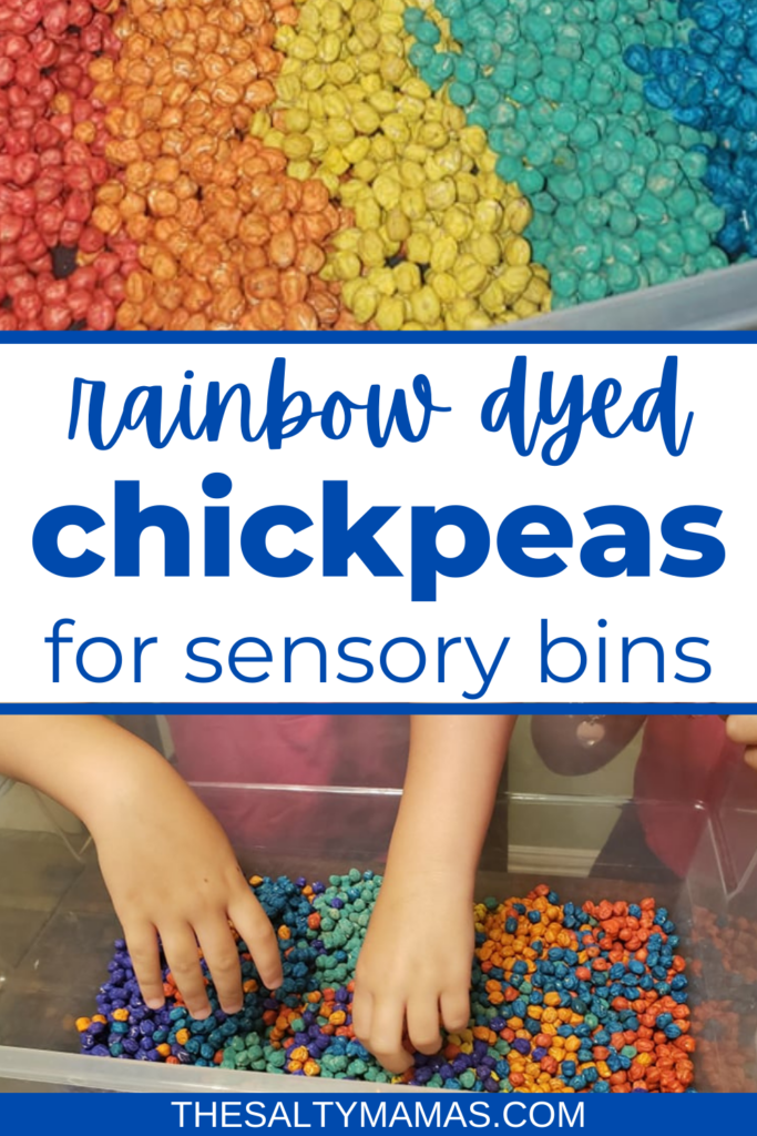 rainbow dyed chickpeas; text: rainbow dyed chickpeas for sensory bins