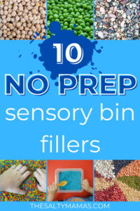 dried beans, peas, and rice; text: 10 no prep sensory bin fillers