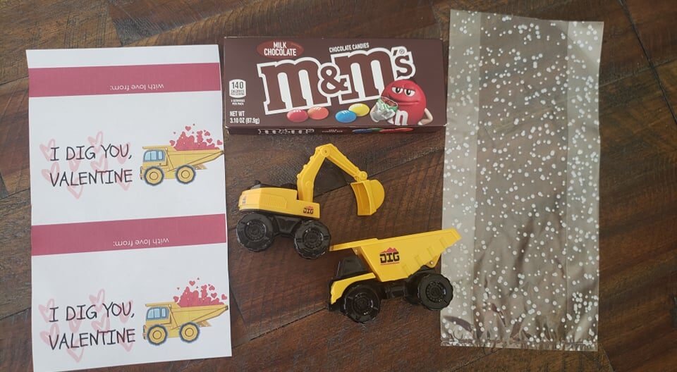 supplies for construction theme valentines (printables, trucks, M&Ms, plastic bag)