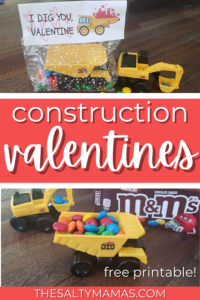 construction trucks filled with M&Ms; text: construction valentines