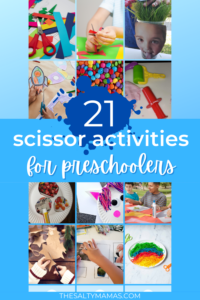 kids using scissors; text: 21 scissor activities for preschoolers
