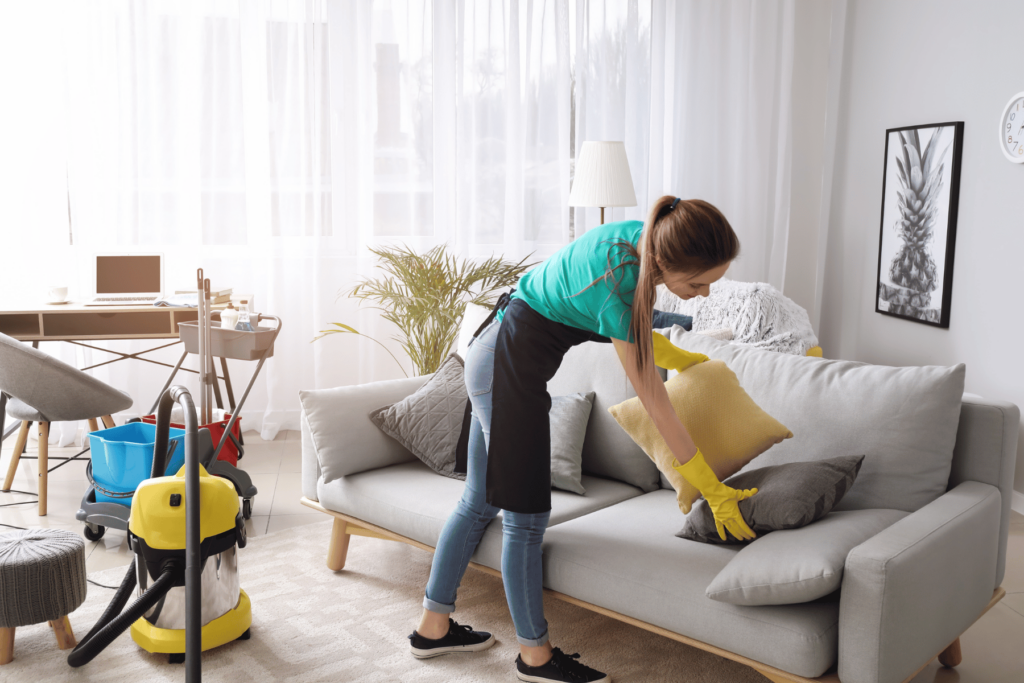 mom cleaning the living room