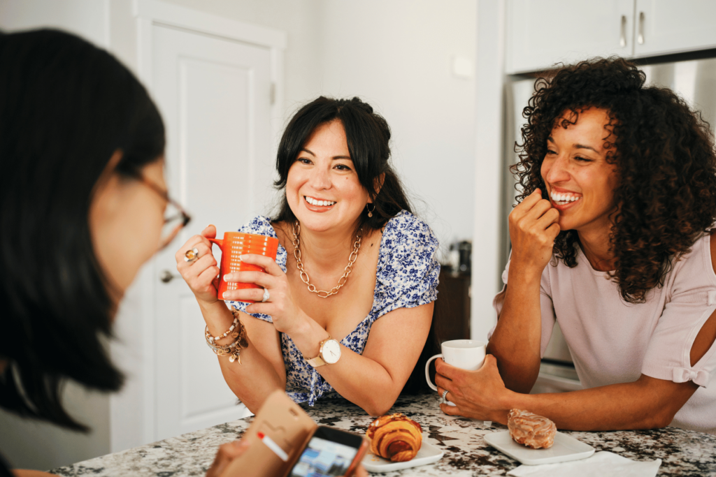 mom friends chatting over coffee