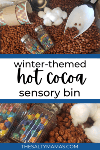 hot chocolate sensory bin; text: winter-themed hot cooca sensory bin